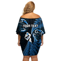 Personalised New Zealand Off Shoulder Short Dress Aotearoa Silver Fern With Manaia Maori Unique Blue LT14 - Polynesian Pride