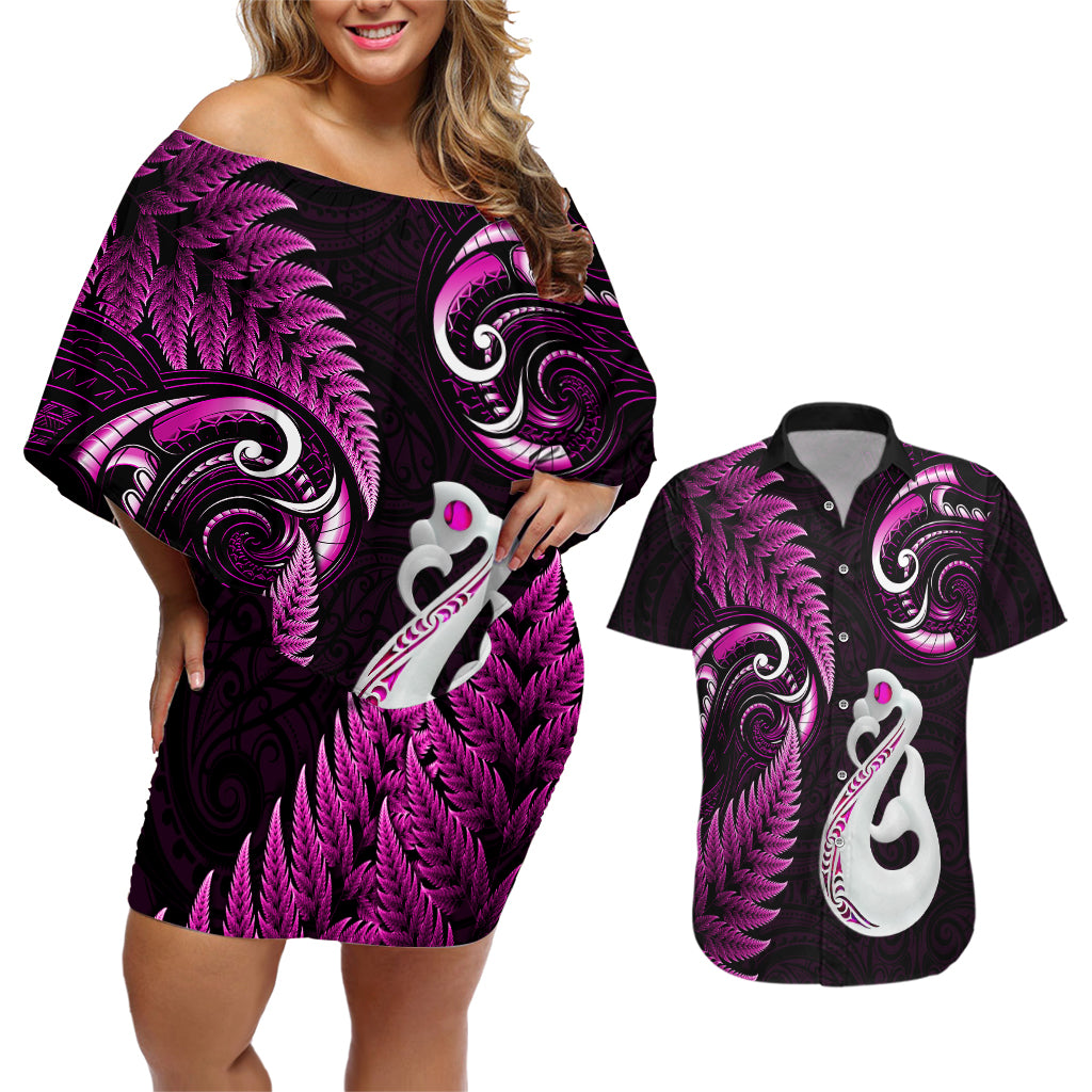 Personalised New Zealand Couples Off The Shoulder Long Sleeve Dress and Hawaiian Shirt Aotearoa Silver Fern With Manaia Maori Unique Pink LT14 Pink - Polynesian Pride