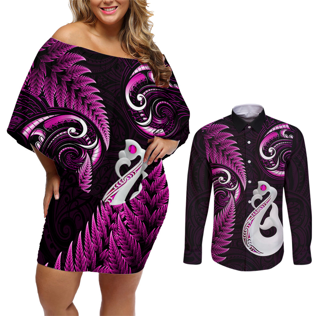 Personalised New Zealand Couples Off Shoulder Short Dress and Long Sleeve Button Shirts Aotearoa Silver Fern With Manaia Maori Unique Pink LT14 Pink - Polynesian Pride