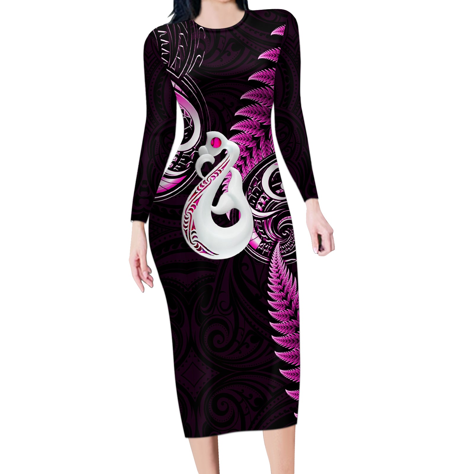 Personalised New Zealand Long Sleeve Bodycon Dress Aotearoa Silver Fern With Manaia Maori Unique Pink LT14 Long Dress Pink - Polynesian Pride