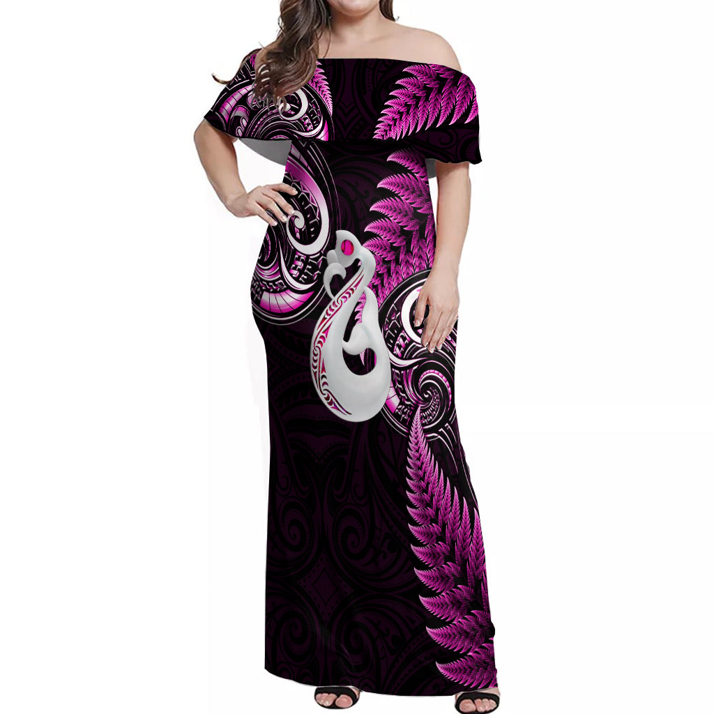 Personalised New Zealand Off Shoulder Maxi Dress Aotearoa Silver Fern With Manaia Maori Unique Pink LT14 Women Pink - Polynesian Pride