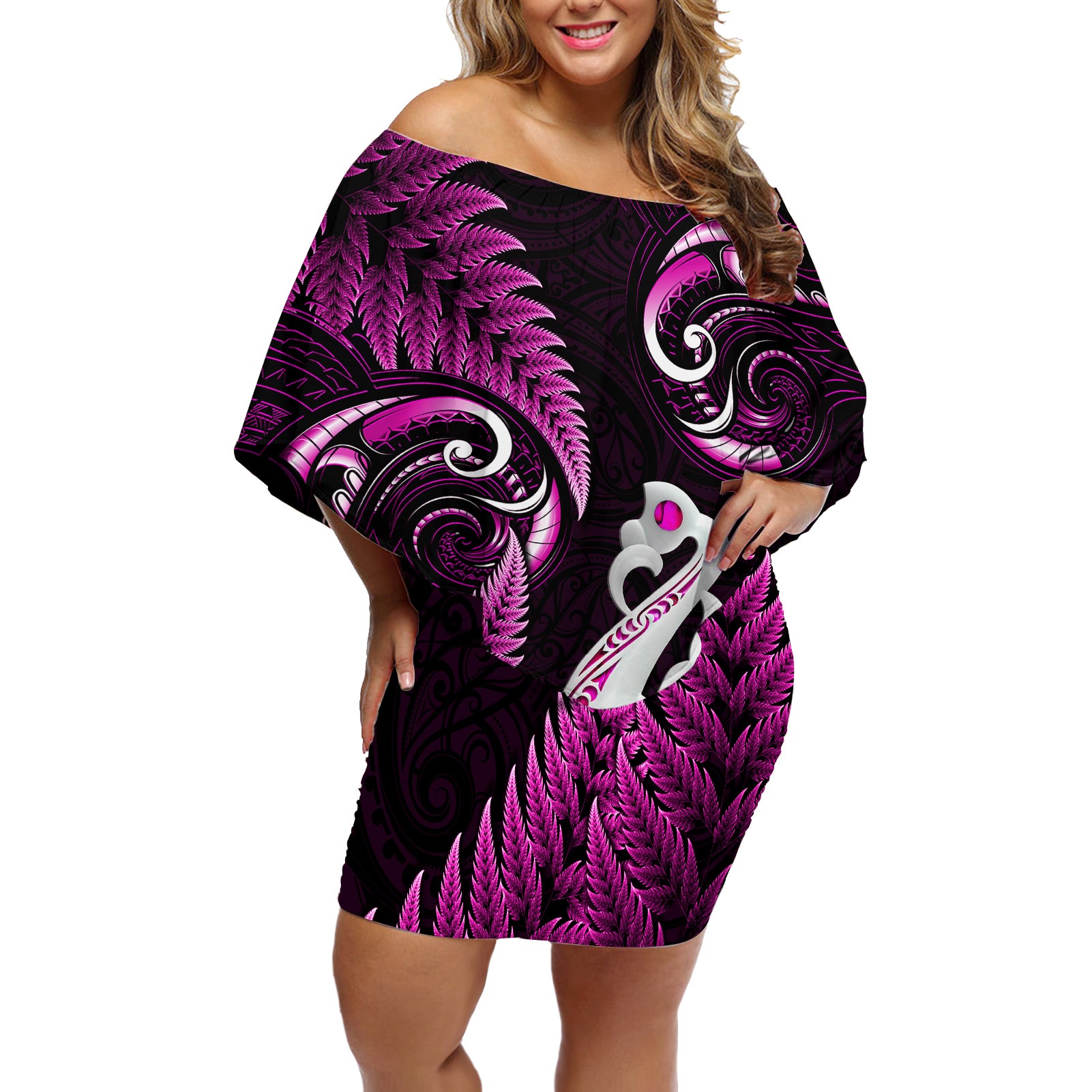 Personalised New Zealand Off Shoulder Short Dress Aotearoa Silver Fern With Manaia Maori Unique Pink LT14 Women Pink - Polynesian Pride