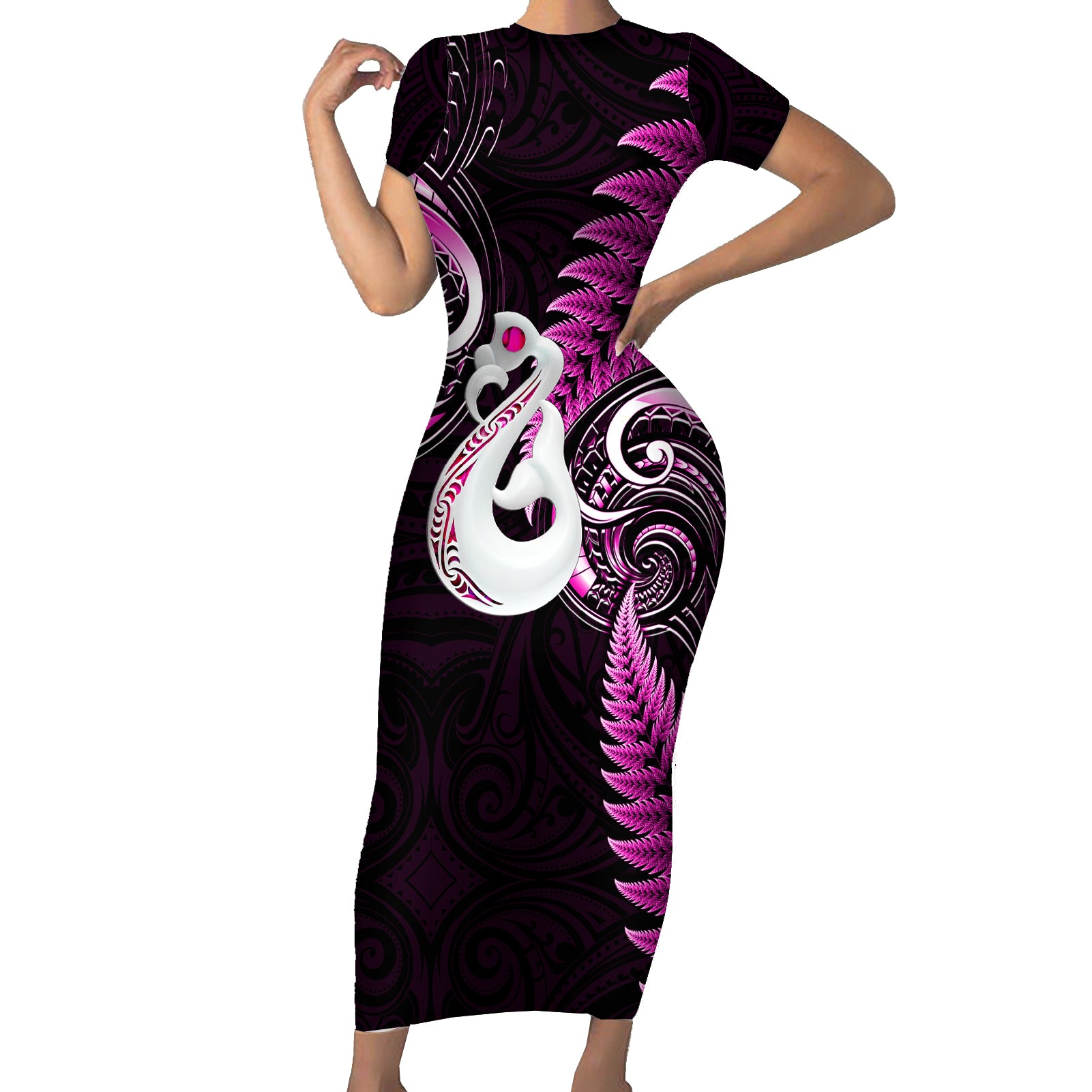 Personalised New Zealand Short Sleeve Bodycon Dress Aotearoa Silver Fern With Manaia Maori Unique Pink LT14 Long Dress Pink - Polynesian Pride