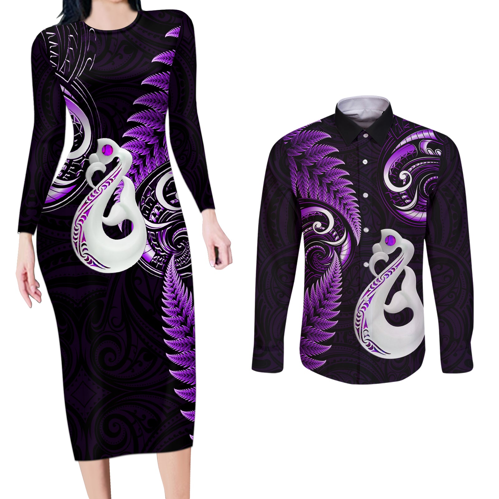 Personalised New Zealand Couples Long Sleeve Bodycon Dress and Long Sleeve Button Shirts Aotearoa Silver Fern With Manaia Maori Unique Purple LT14 Purple - Polynesian Pride