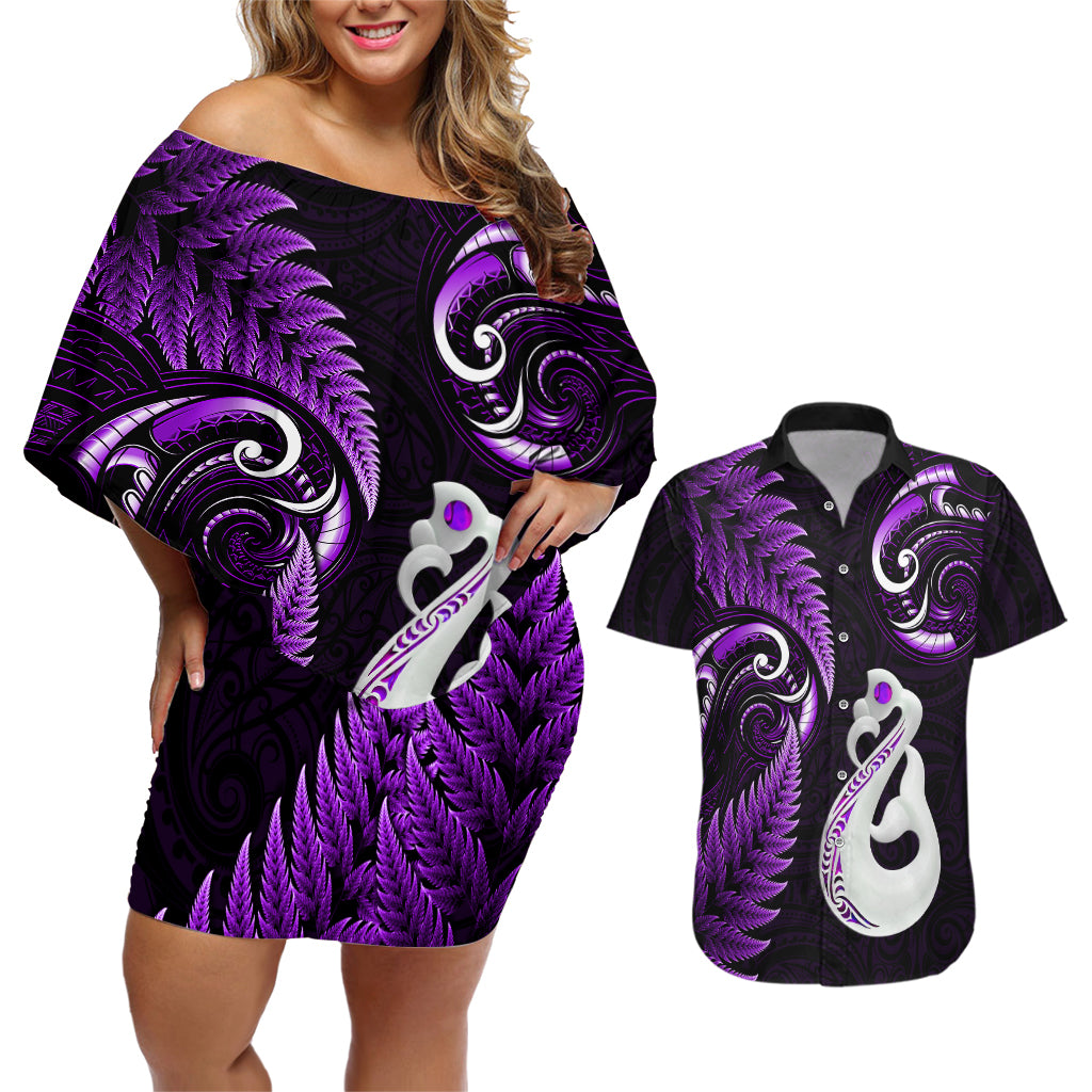 Personalised New Zealand Couples Off The Shoulder Long Sleeve Dress and Hawaiian Shirt Aotearoa Silver Fern With Manaia Maori Unique Purple LT14 Purple - Polynesian Pride