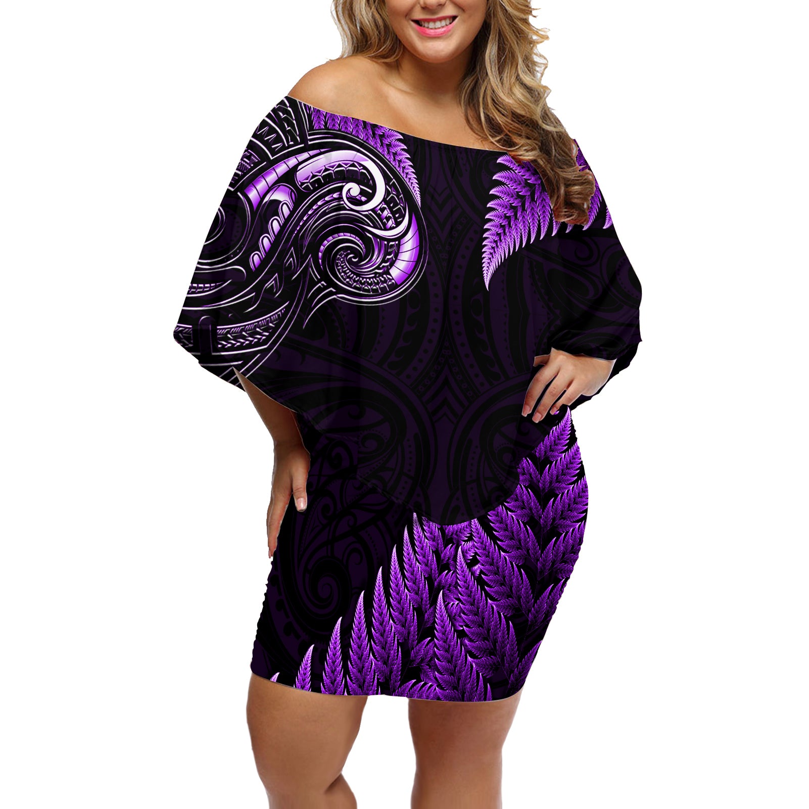 Personalised New Zealand Off Shoulder Short Dress Aotearoa Silver Fern With Manaia Maori Unique Purple LT14 - Polynesian Pride