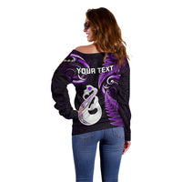 Personalised New Zealand Off Shoulder Sweater Aotearoa Silver Fern With Manaia Maori Unique Purple LT14 - Polynesian Pride