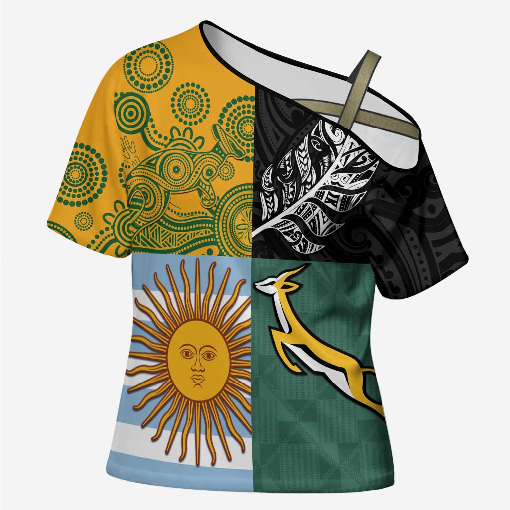 Personalised Rugby 2025 Championship Cross Shoulder Shirt Combination of Southern Hemisphere Countries LT14 Female Black - Polynesian Pride