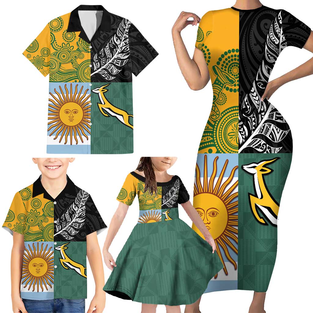Personalised Rugby 2025 Championship Family Matching Short Sleeve Bodycon Dress and Hawaiian Shirt Combination of Southern Hemisphere Countries - Polynesian Pride