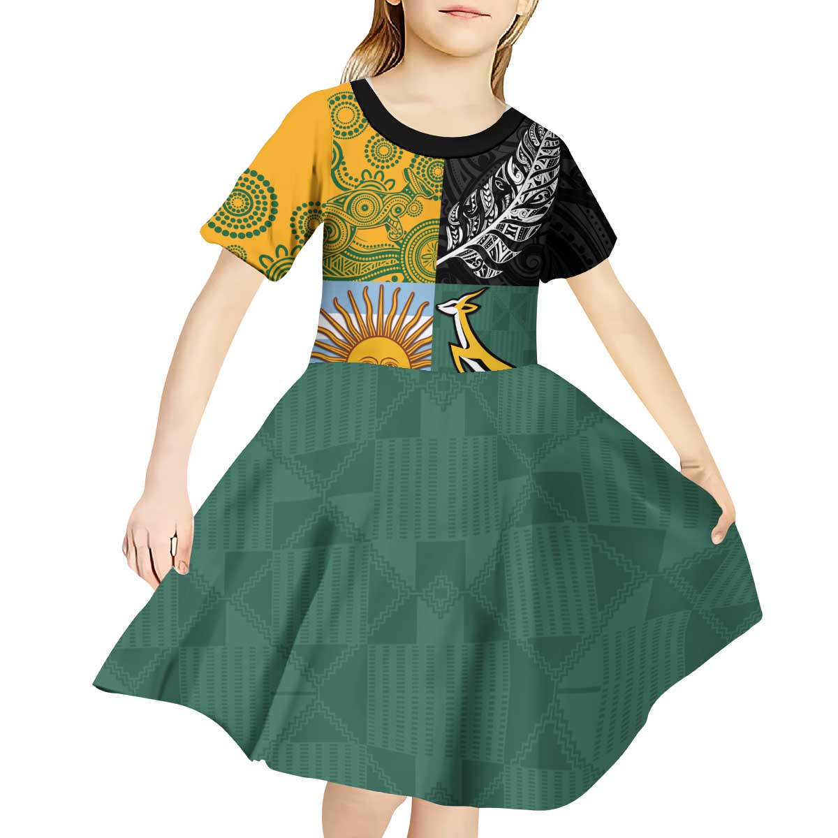 Personalised Rugby 2025 Championship Kid Short Sleeve Dress Combination of Southern Hemisphere Countries - Polynesian Pride
