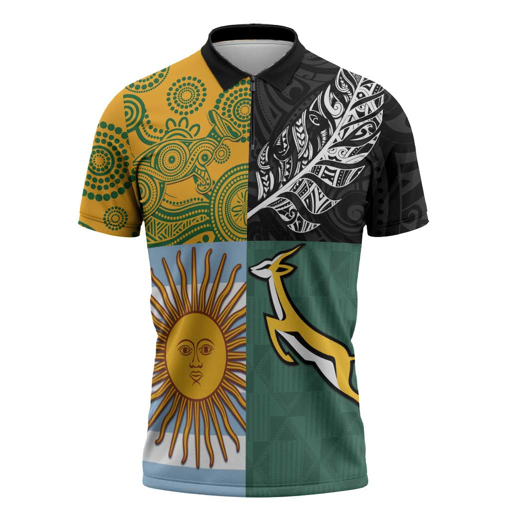 Personalised Rugby 2025 Championship Zipper Polo Shirt Combination of Southern Hemisphere Countries LT14 Black - Polynesian Pride