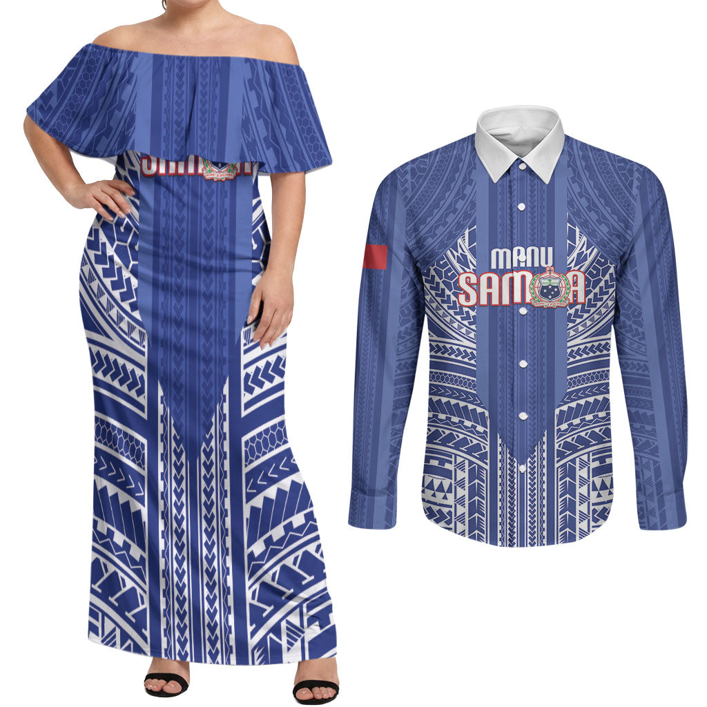 Custom Manu Samoa Rugby 2026 Couples Matching Off Shoulder Maxi Dress and Long Sleeve Button Shirt Samoan Pattern LT14 Blue - Polynesian Pride