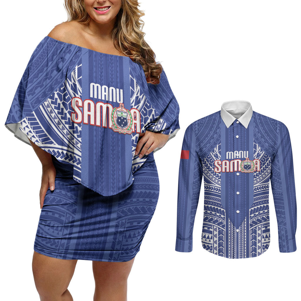 Custom Manu Samoa Rugby 2026 Couples Matching Off Shoulder Short Dress and Long Sleeve Button Shirt Samoan Pattern LT14 Blue - Polynesian Pride