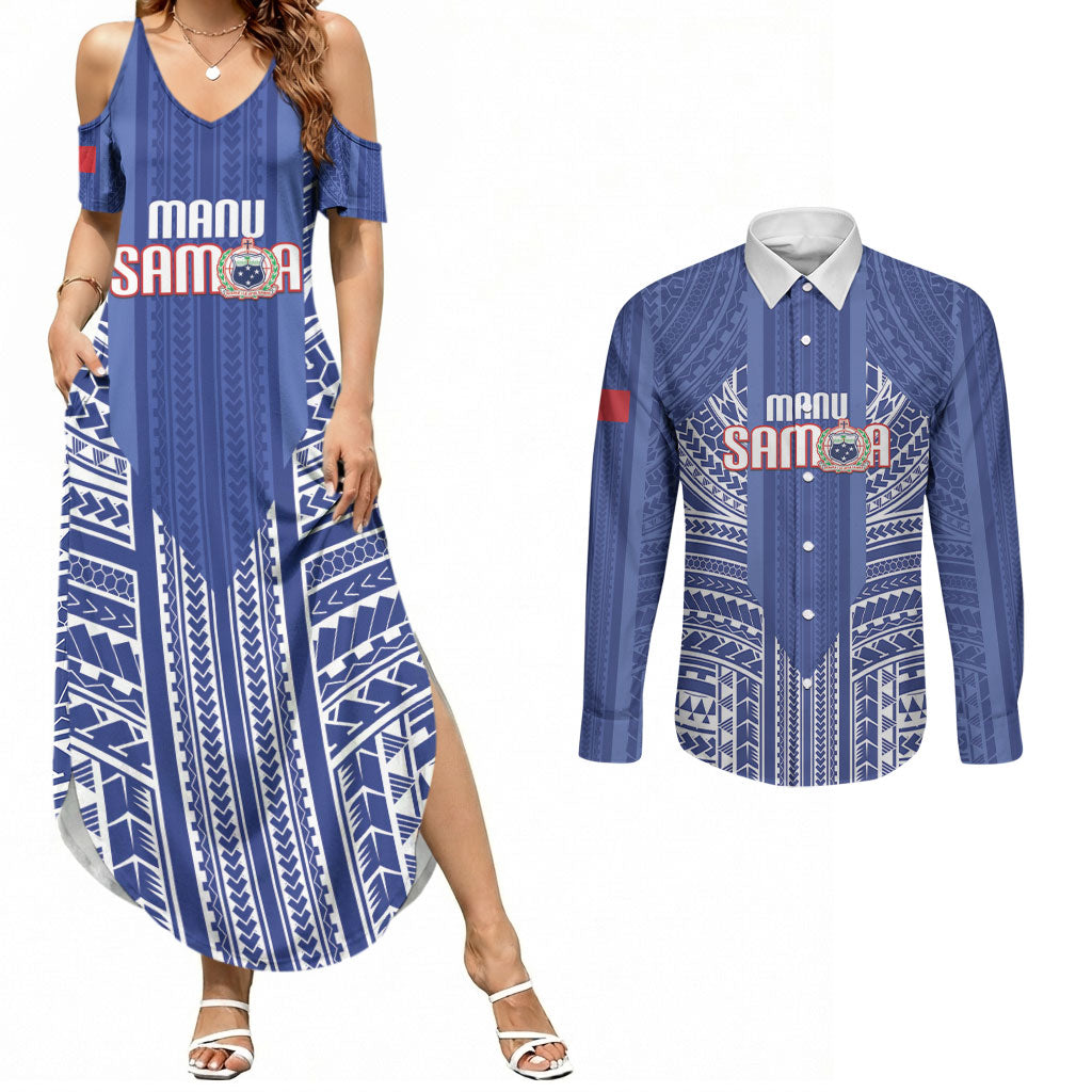 Custom Manu Samoa Rugby 2026 Couples Matching Summer Maxi Dress and Long Sleeve Button Shirt Samoan Pattern LT14 Blue - Polynesian Pride