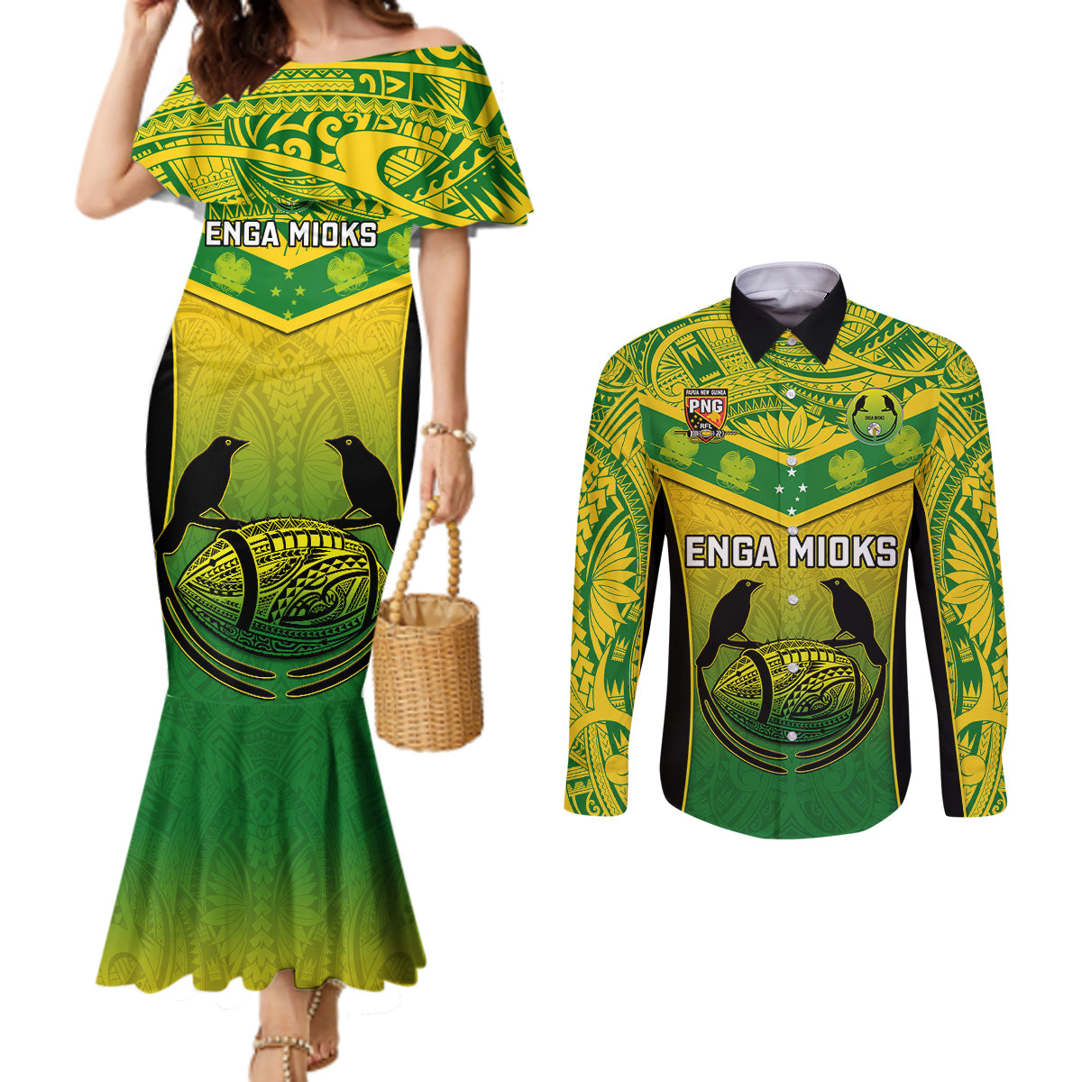 Papua New Guinea Rugby Couples Matching Mermaid Dress and Long Sleeve Button Shirts Enga Mioks PNG Polynesian Pattern LT14 Green - Polynesian Pride