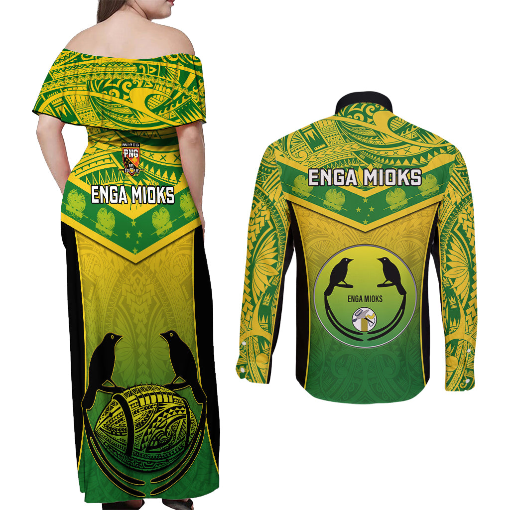 Papua New Guinea Rugby Couples Matching Off Shoulder Maxi Dress and Long Sleeve Button Shirts Enga Mioks PNG Polynesian Pattern LT14 - Polynesian Pride