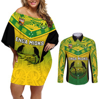 Papua New Guinea Rugby Couples Matching Off Shoulder Short Dress and Long Sleeve Button Shirts Enga Mioks PNG Polynesian Pattern LT14 Green - Polynesian Pride