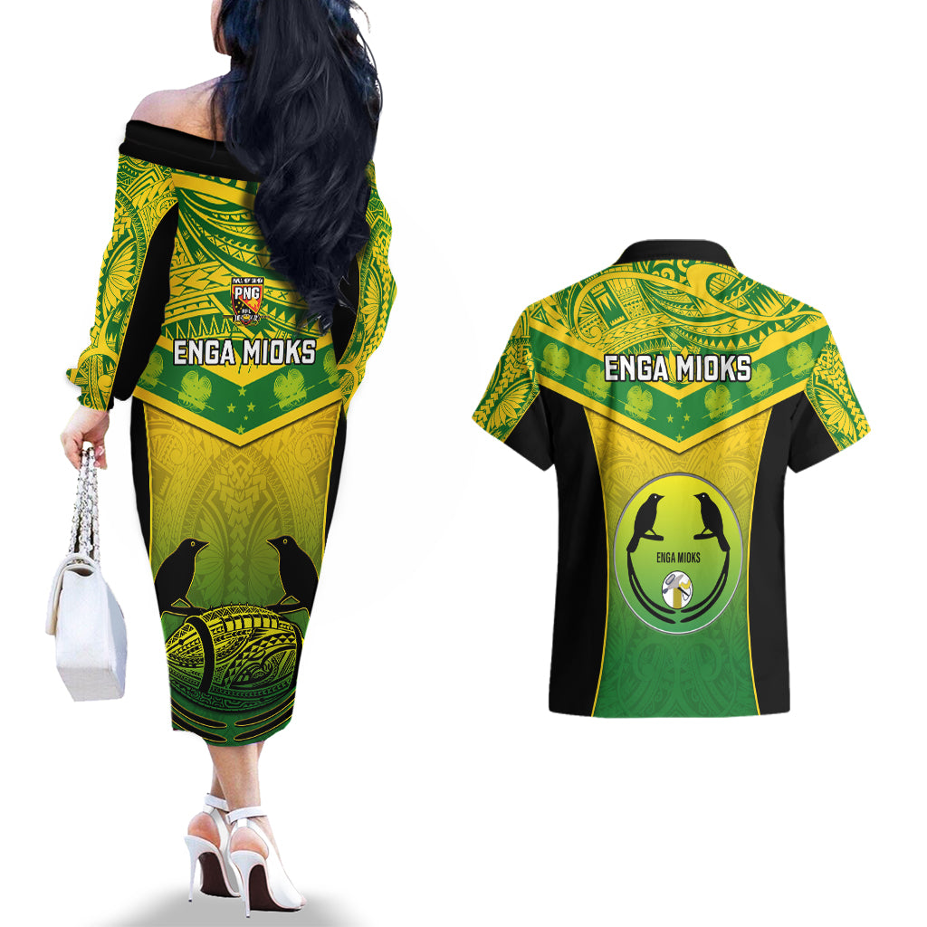 Papua New Guinea Rugby Couples Matching Off The Shoulder Long Sleeve Dress and Hawaiian Shirt Enga Mioks PNG Polynesian Pattern LT14 - Polynesian Pride
