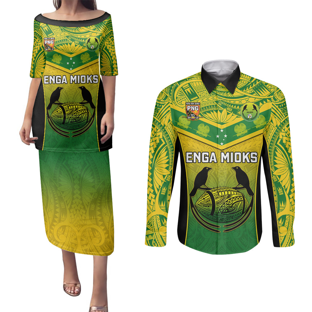 Papua New Guinea Rugby Couples Matching Puletasi Dress and Long Sleeve Button Shirts Enga Mioks PNG Polynesian Pattern LT14 Green - Polynesian Pride