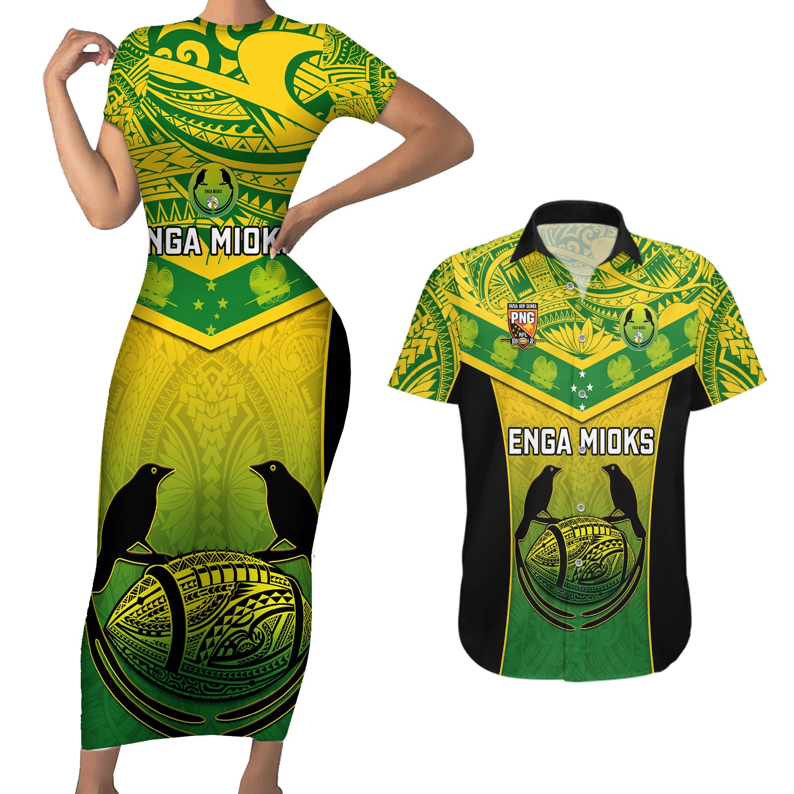 Papua New Guinea Rugby Couples Matching Short Sleeve Bodycon Dress and Hawaiian Shirt Enga Mioks PNG Polynesian Pattern LT14 Green - Polynesian Pride