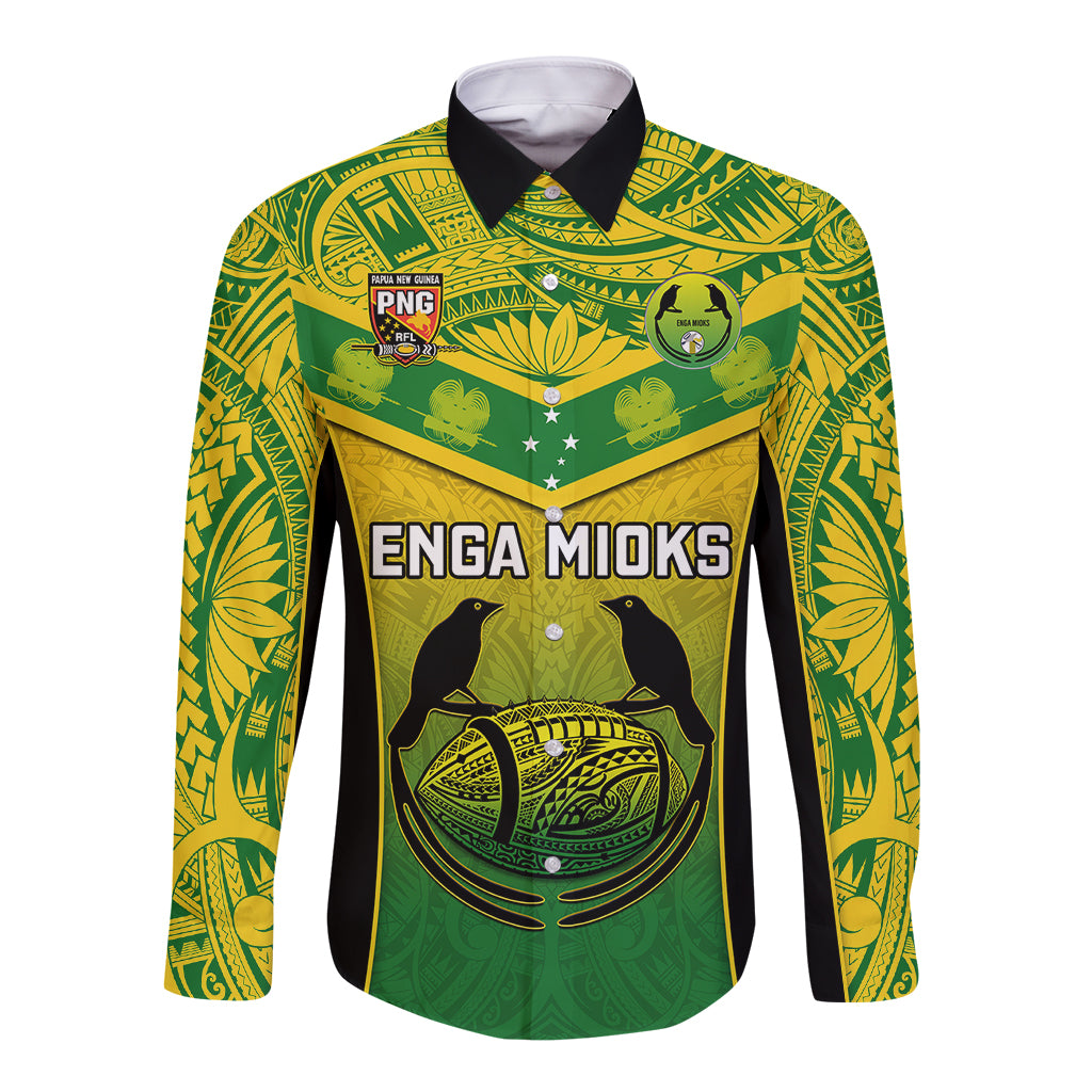 Papua New Guinea Rugby Long Sleeve Button Shirt Enga Mioks PNG Polynesian Pattern LT14 Unisex Green - Polynesian Pride