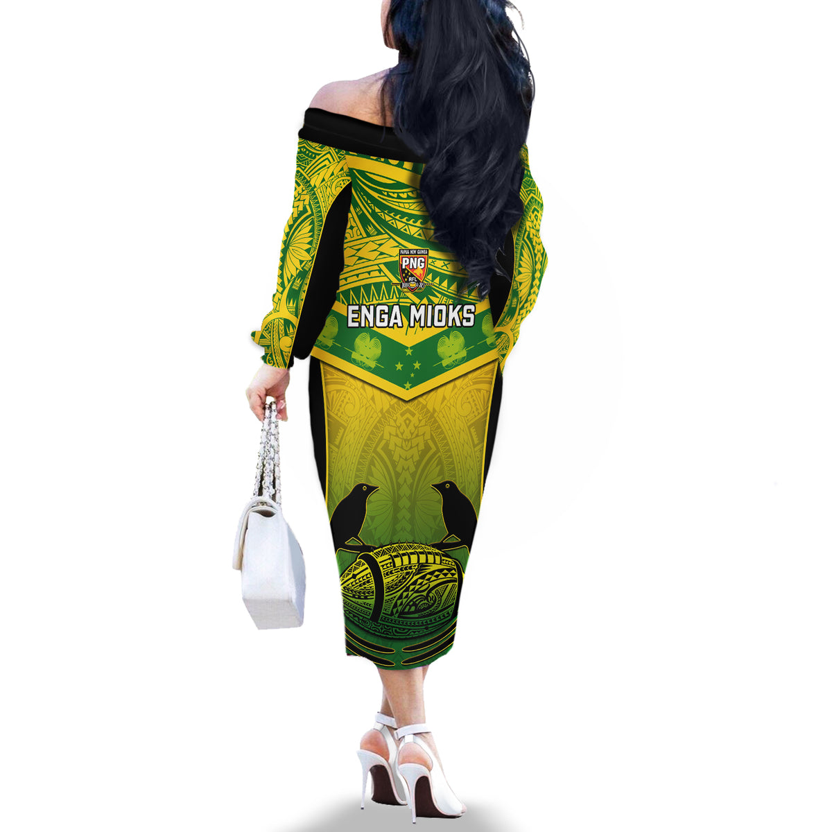 Papua New Guinea Rugby Off The Shoulder Long Sleeve Dress Enga Mioks PNG Polynesian Pattern LT14 - Polynesian Pride