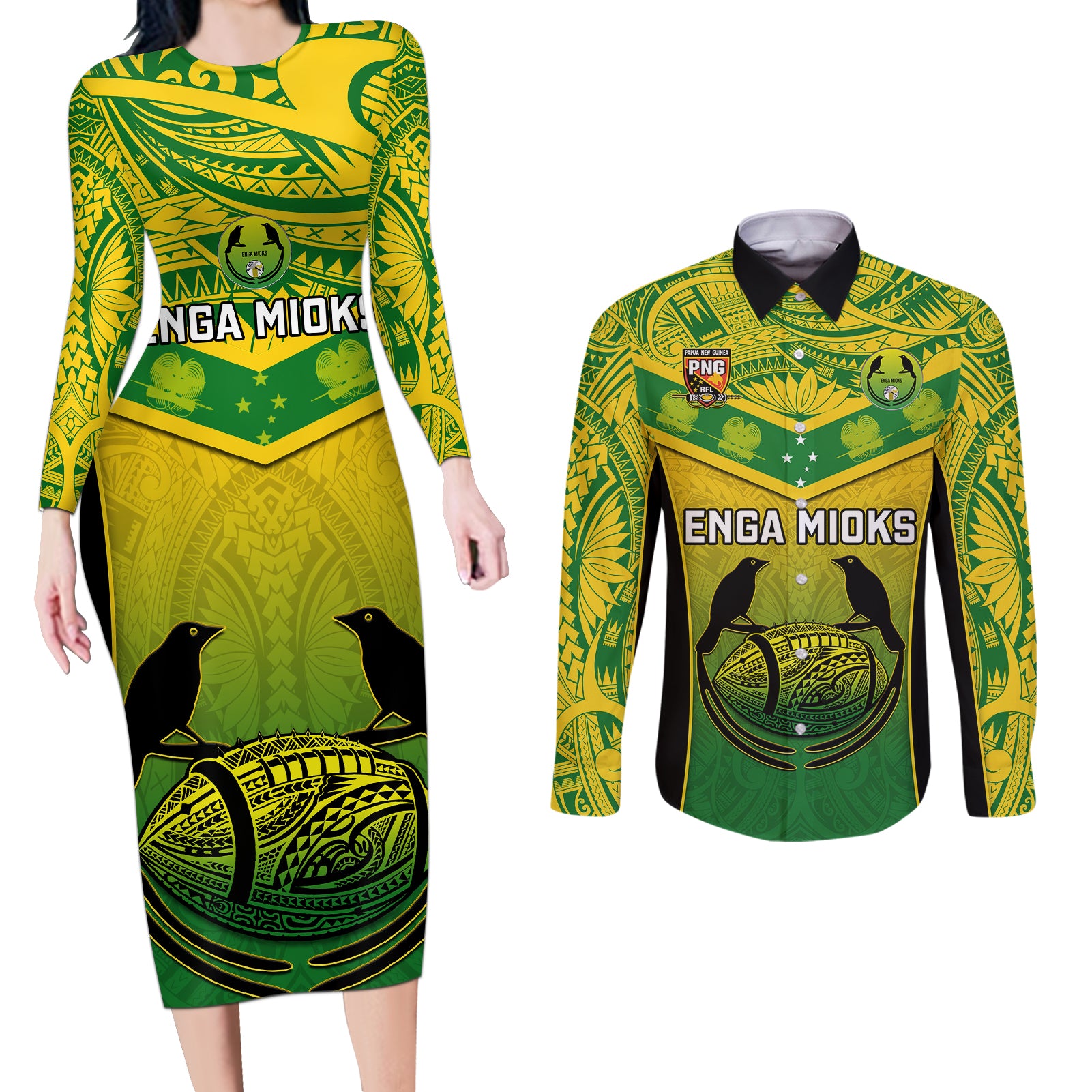 Custom Papua New Guinea Rugby Couples Matching Long Sleeve Bodycon Dress and Long Sleeve Button Shirts Enga Mioks PNG Polynesian Pattern LT14 Green - Polynesian Pride