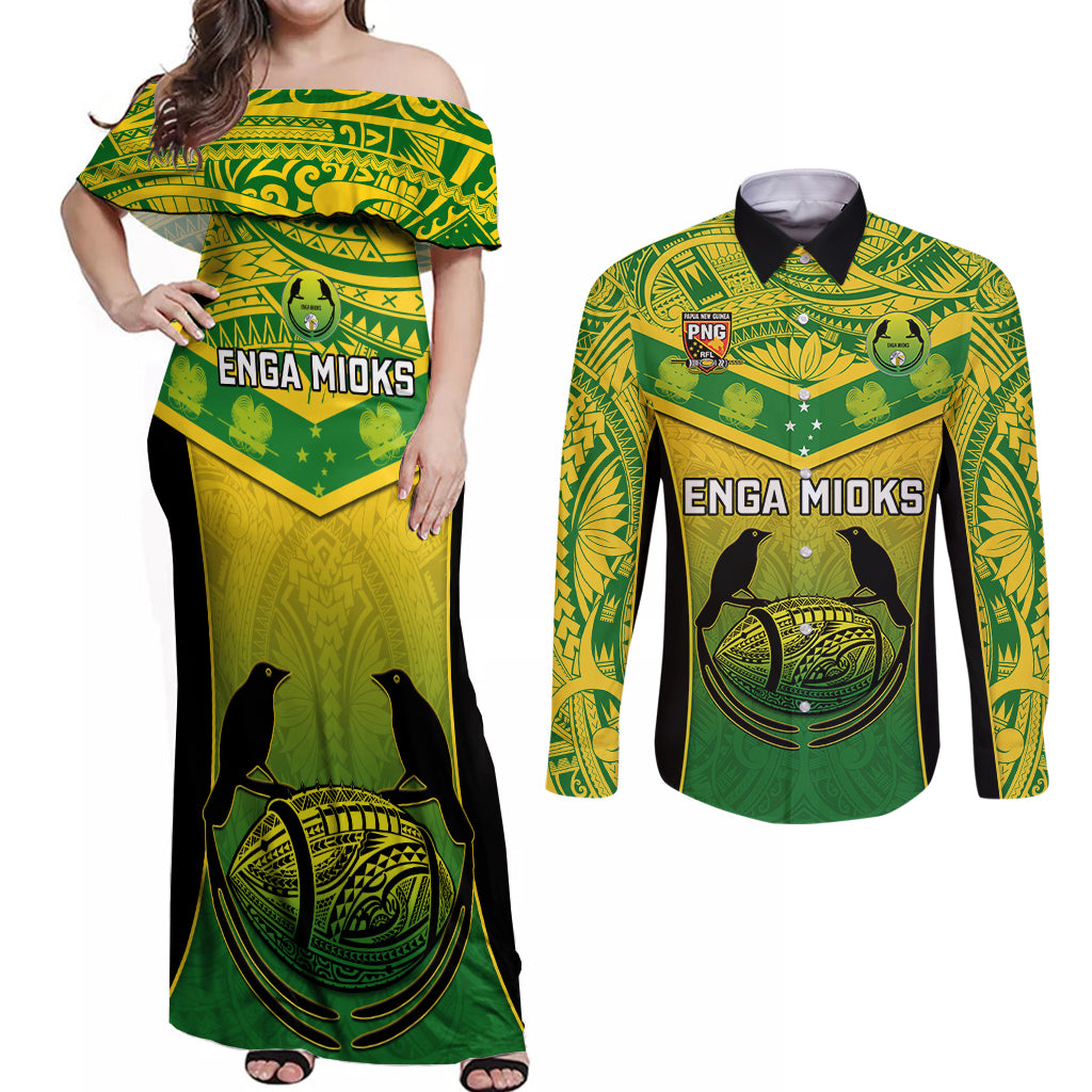 Custom Papua New Guinea Rugby Couples Matching Off Shoulder Maxi Dress and Long Sleeve Button Shirts Enga Mioks PNG Polynesian Pattern LT14 Green - Polynesian Pride