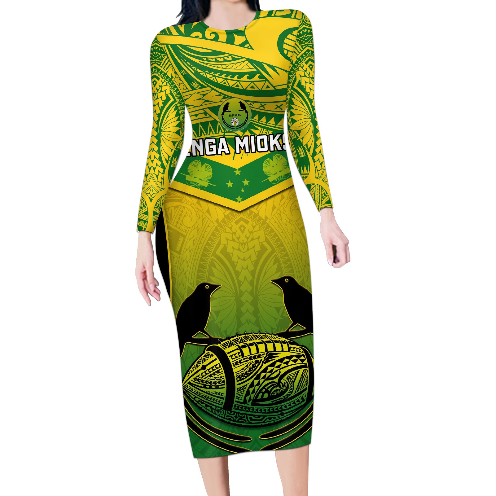 Custom Papua New Guinea Rugby Long Sleeve Bodycon Dress Enga Mioks PNG Polynesian Pattern LT14 Long Dress Green - Polynesian Pride