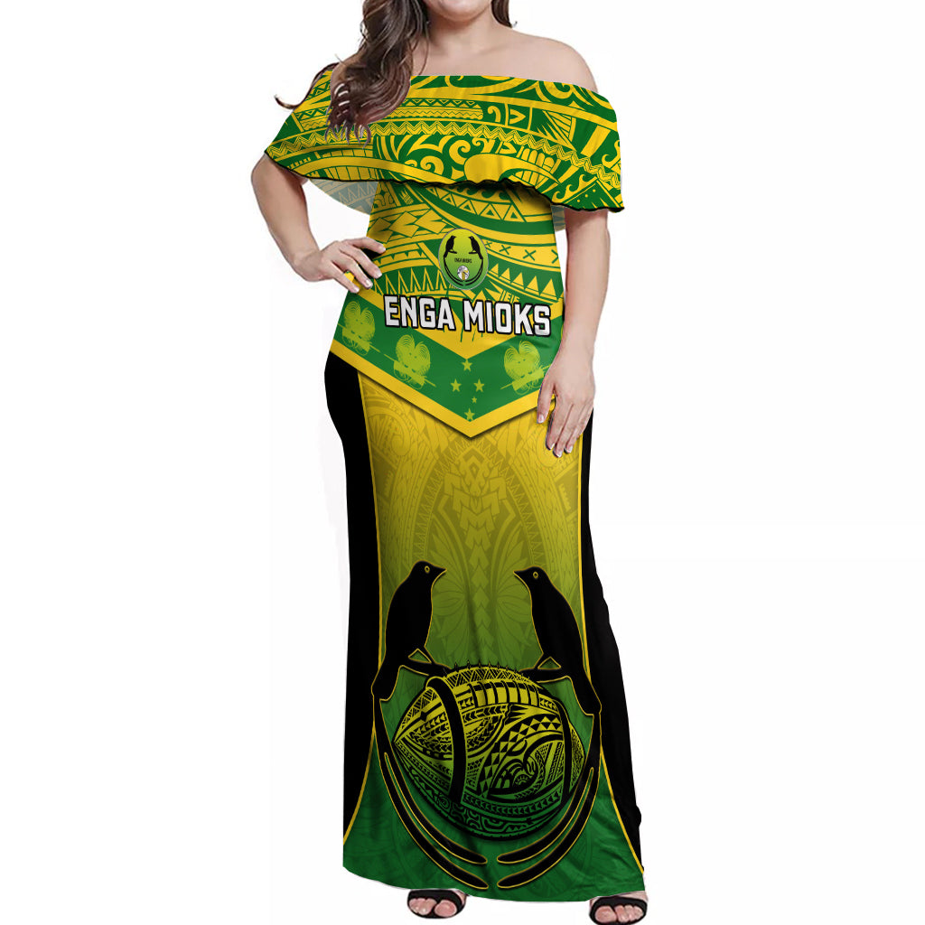 Custom Papua New Guinea Rugby Off Shoulder Maxi Dress Enga Mioks PNG Polynesian Pattern LT14 Women Green - Polynesian Pride