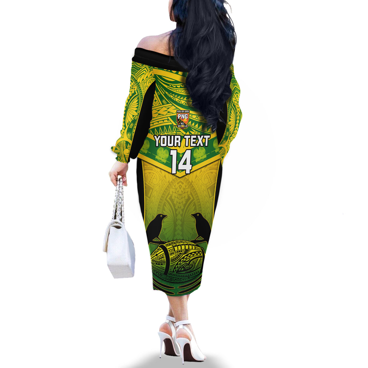 Custom Papua New Guinea Rugby Off The Shoulder Long Sleeve Dress Enga Mioks PNG Polynesian Pattern LT14 - Polynesian Pride