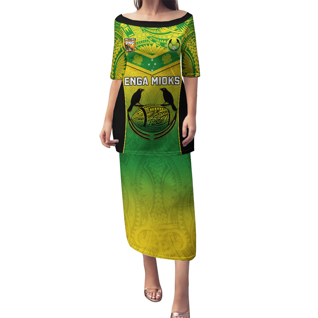 Custom Papua New Guinea Rugby Puletasi Enga Mioks PNG Polynesian Pattern LT14 Long Dress Green - Polynesian Pride