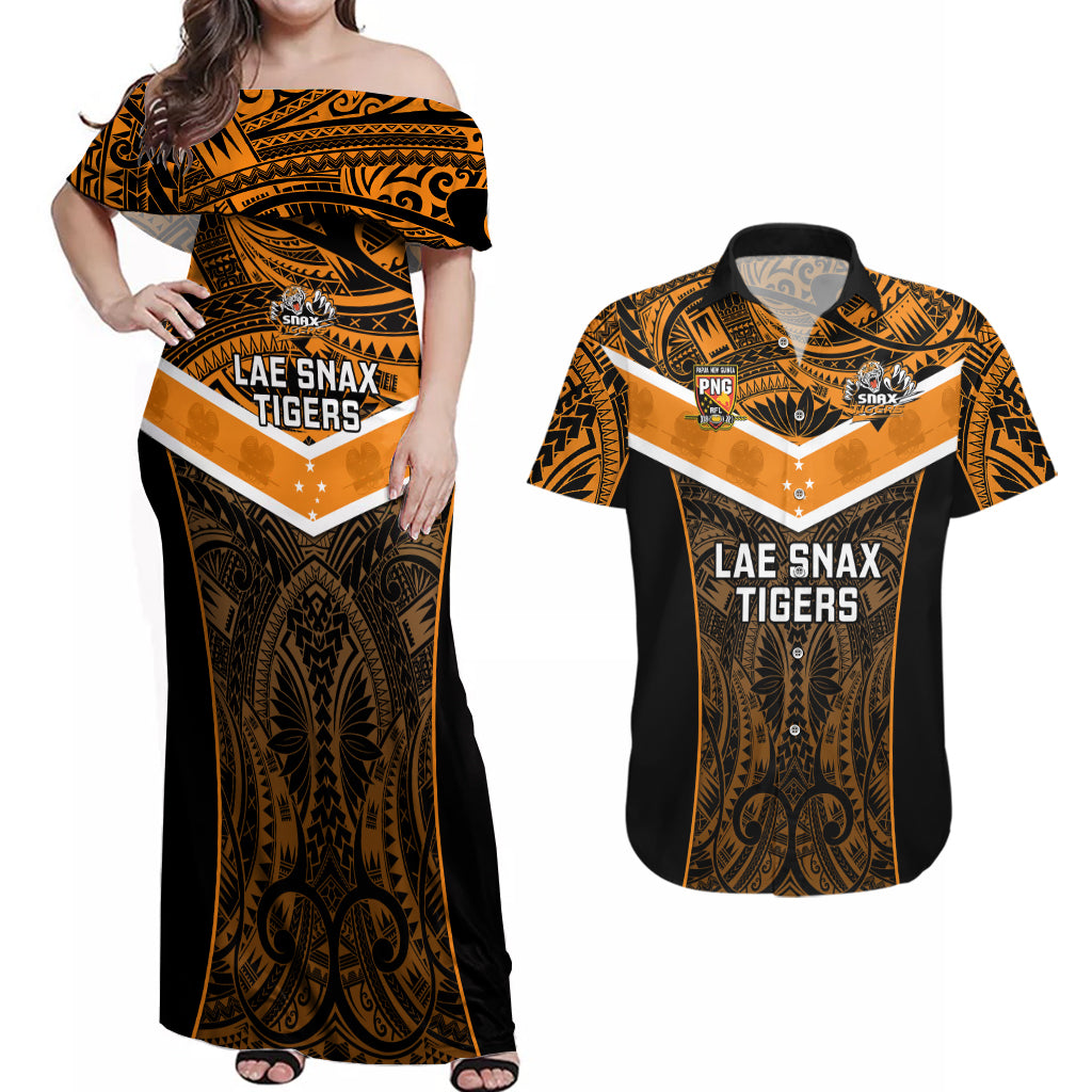 Papua New Guinea Rugby Couples Matching Off Shoulder Maxi Dress and Hawaiian Shirt Lae Snax Tigers PNG Polynesian Pattern LT14 Orange - Polynesian Pride