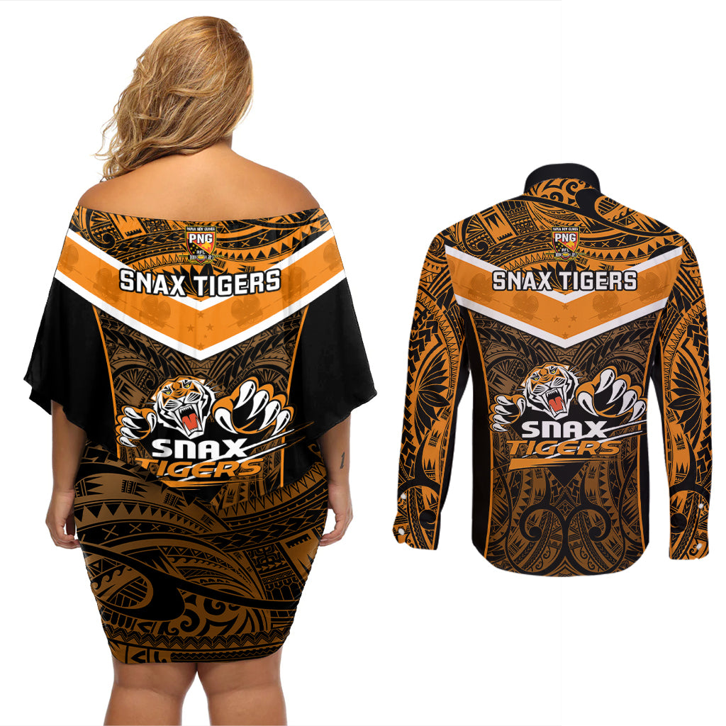 Papua New Guinea Rugby Couples Matching Off Shoulder Short Dress and Long Sleeve Button Shirts Lae Snax Tigers PNG Polynesian Pattern LT14 - Polynesian Pride