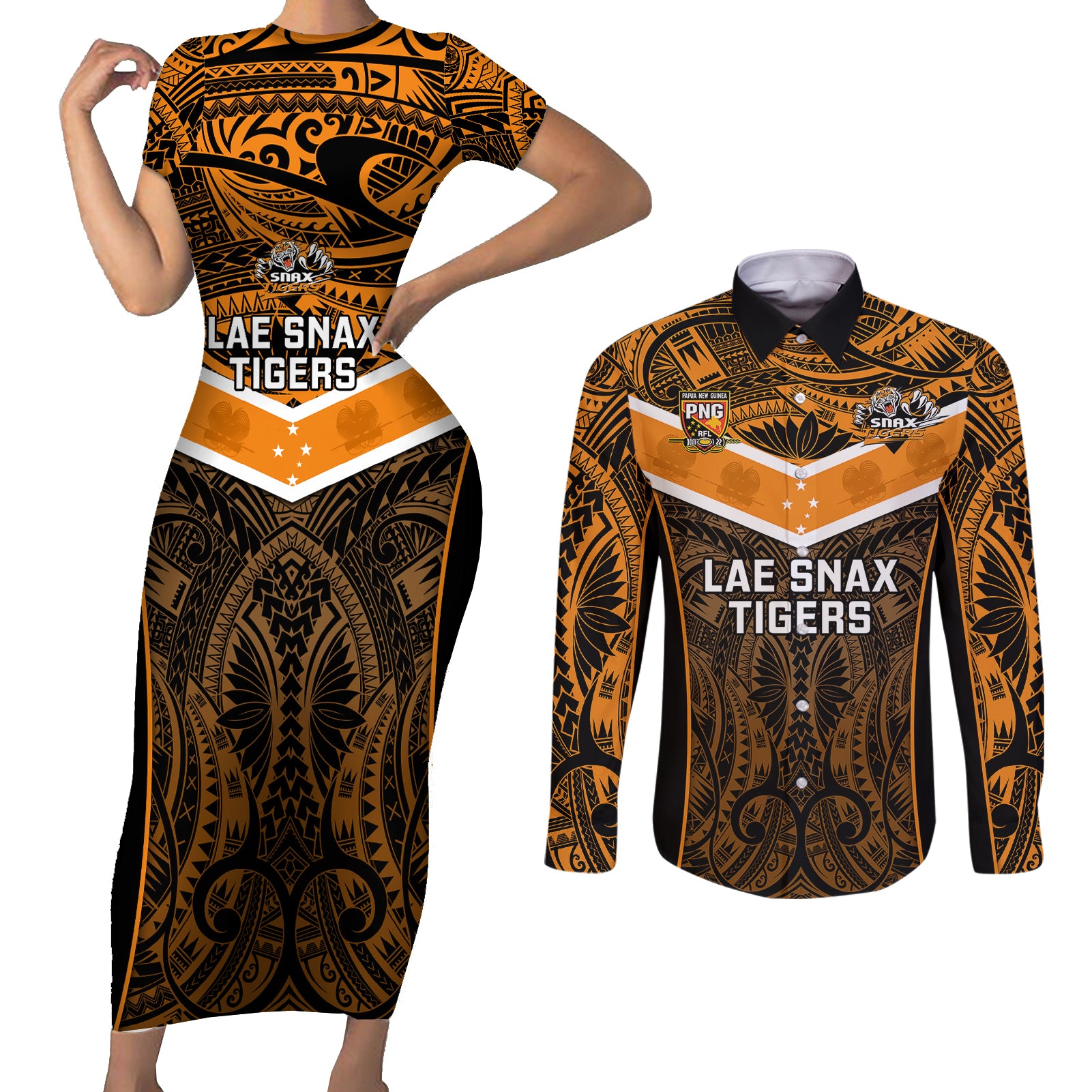 Papua New Guinea Rugby Couples Matching Short Sleeve Bodycon Dress and Long Sleeve Button Shirts Lae Snax Tigers PNG Polynesian Pattern LT14 Orange - Polynesian Pride
