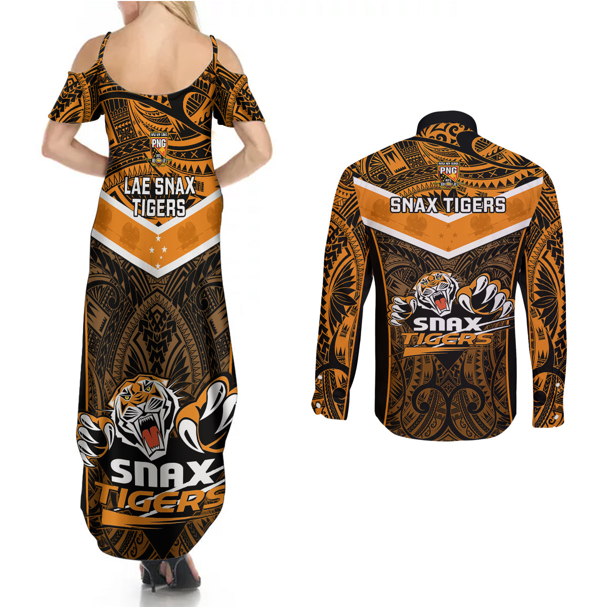 Papua New Guinea Rugby Couples Matching Summer Maxi Dress and Long Sleeve Button Shirts Lae Snax Tigers PNG Polynesian Pattern LT14 - Polynesian Pride