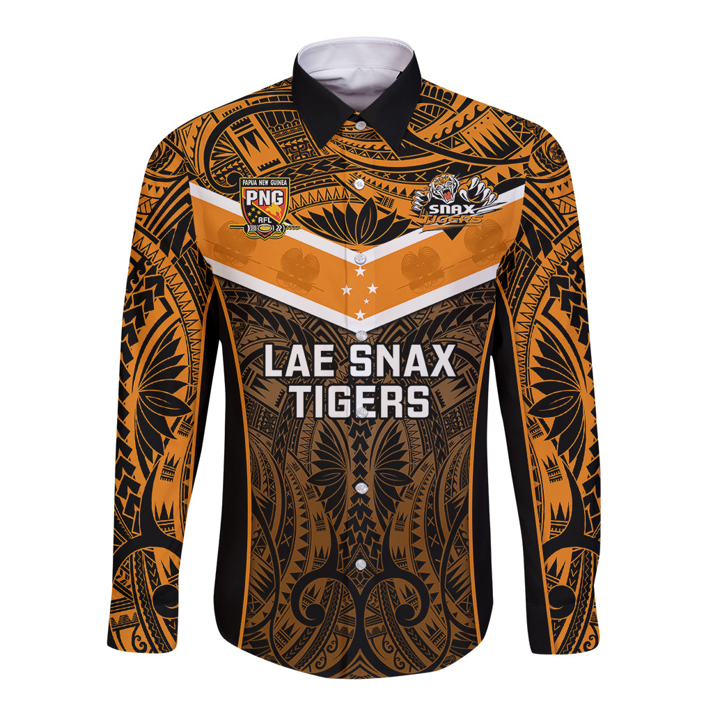 Papua New Guinea Rugby Long Sleeve Button Shirt Lae Snax Tigers PNG Polynesian Pattern LT14 Unisex Orange - Polynesian Pride