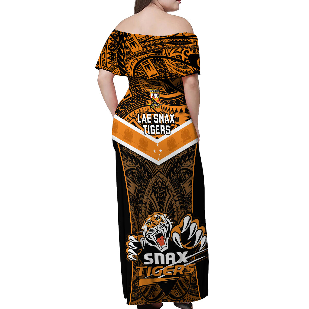 Papua New Guinea Rugby Off Shoulder Maxi Dress Lae Snax Tigers PNG Polynesian Pattern LT14 - Polynesian Pride