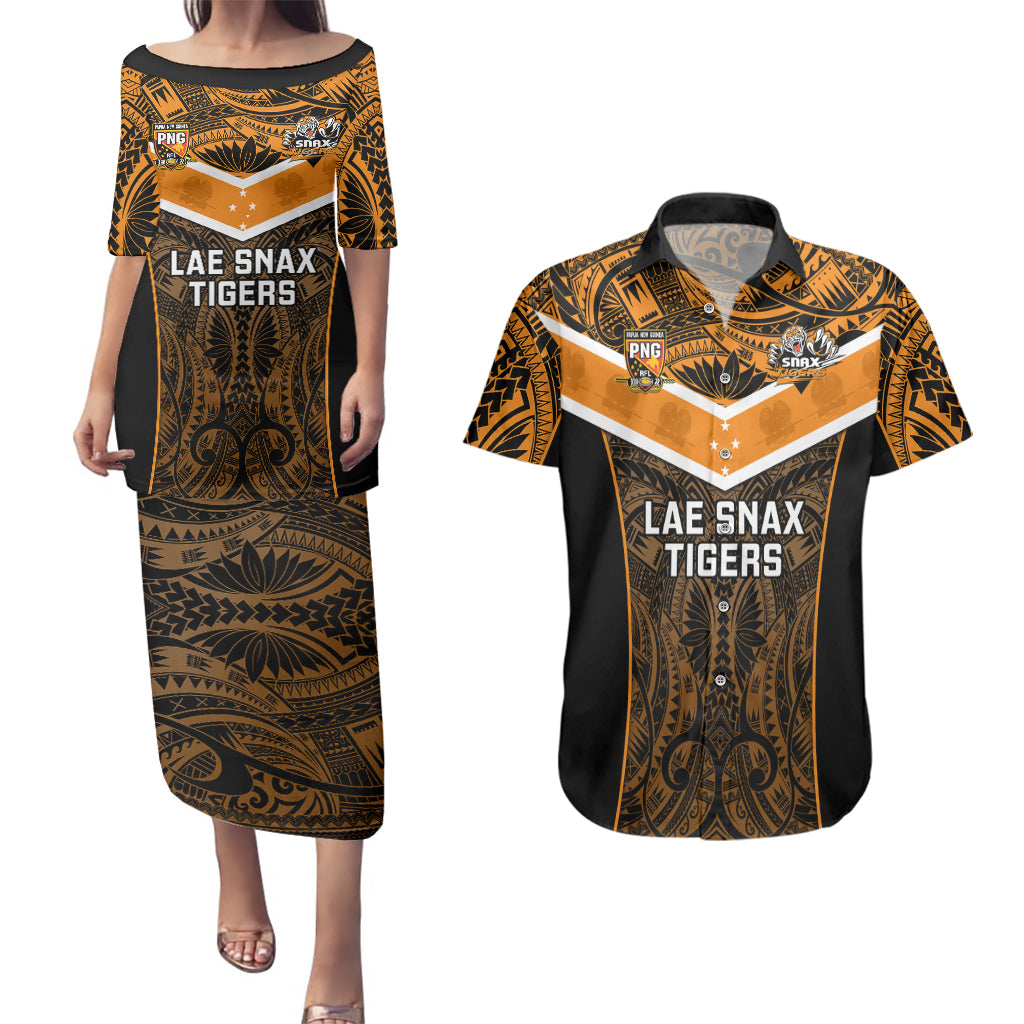 Custom Papua New Guinea Rugby Couples Matching Puletasi Dress and Hawaiian Shirt Lae Snax Tigers PNG Polynesian Pattern LT14 Orange - Polynesian Pride