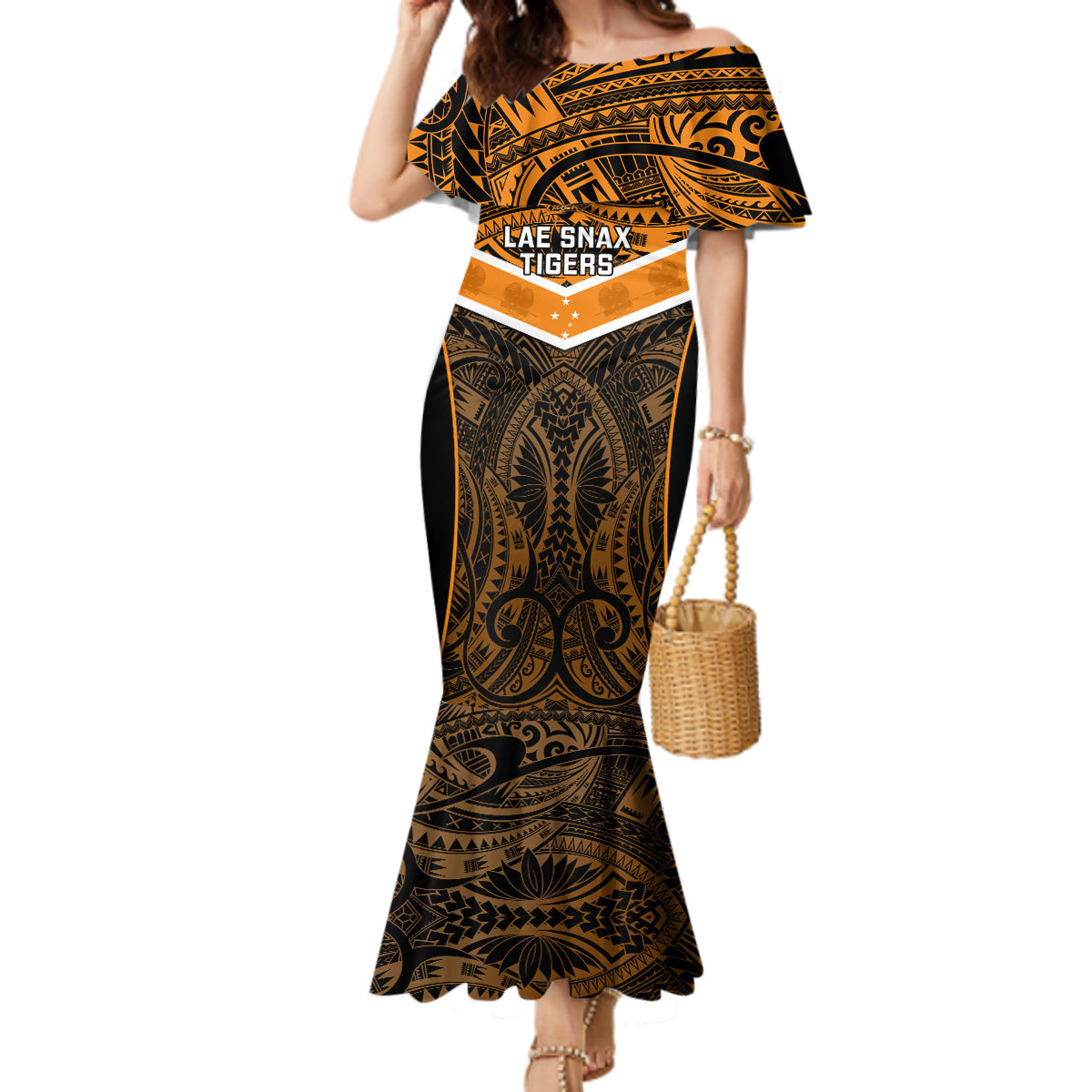 Custom Papua New Guinea Rugby Mermaid Dress Lae Snax Tigers PNG Polynesian Pattern LT14 Women Orange - Polynesian Pride