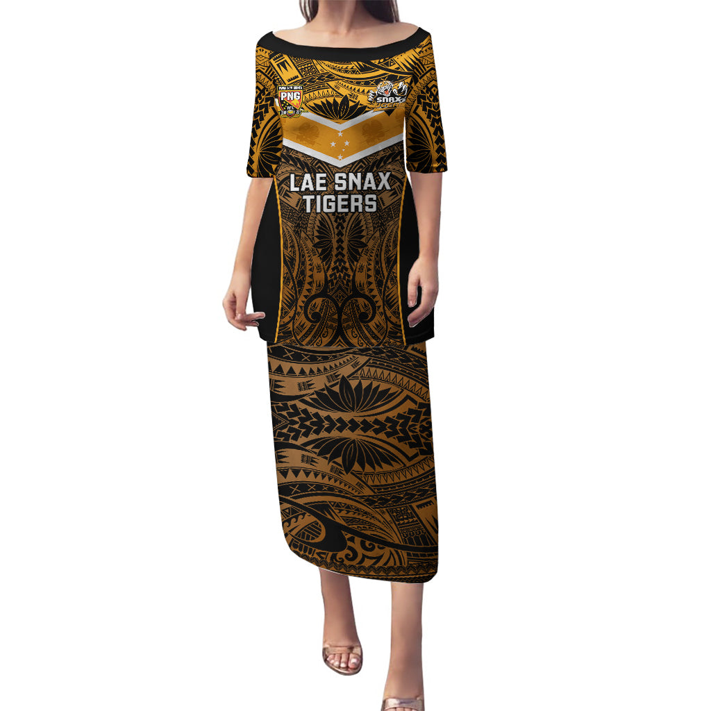 Custom Papua New Guinea Rugby Puletasi Lae Snax Tigers PNG Polynesian Pattern LT14 Long Dress Orange - Polynesian Pride