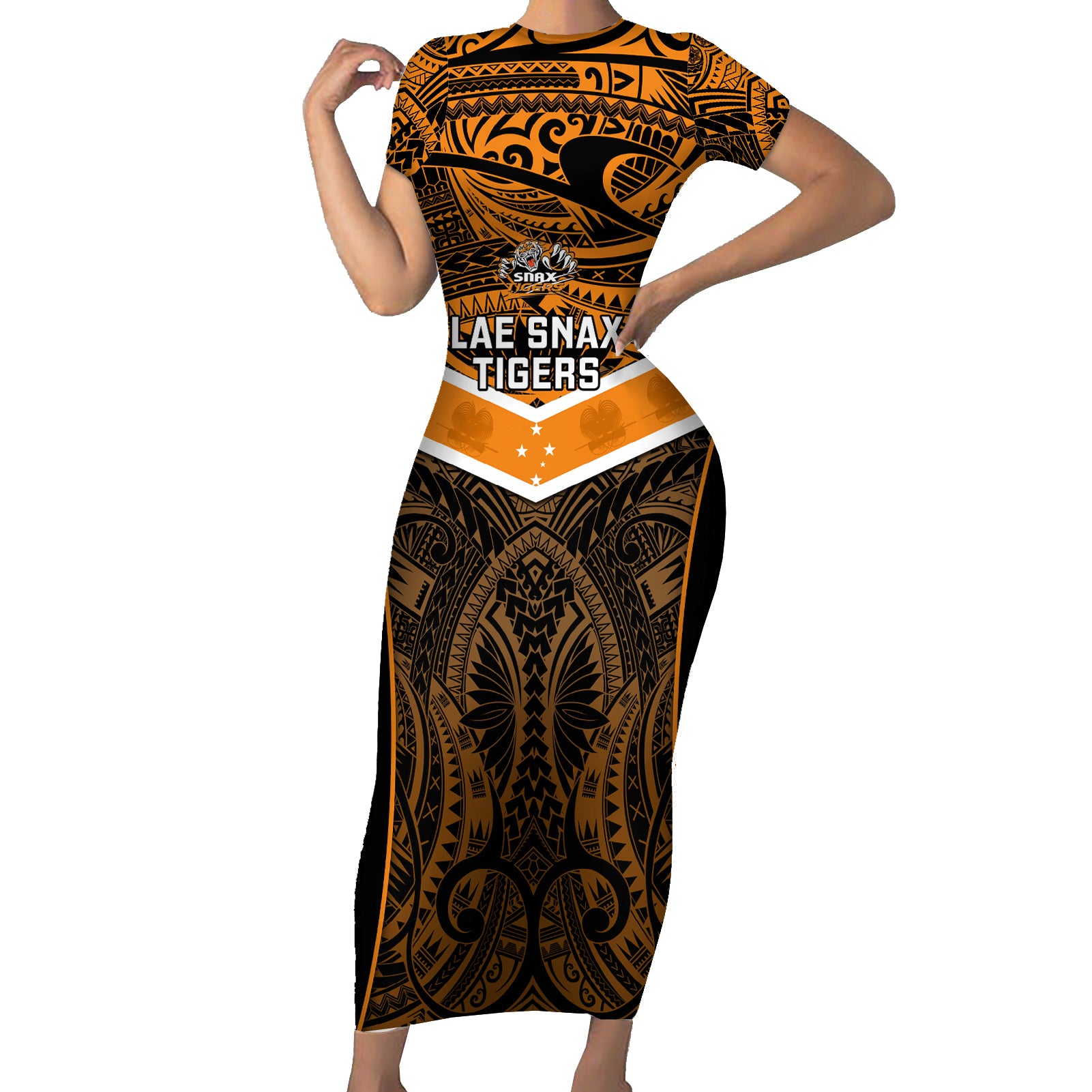 Custom Papua New Guinea Rugby Short Sleeve Bodycon Dress Lae Snax Tigers PNG Polynesian Pattern LT14 Long Dress Orange - Polynesian Pride