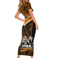 Custom Papua New Guinea Rugby Short Sleeve Bodycon Dress Lae Snax Tigers PNG Polynesian Pattern LT14 - Polynesian Pride