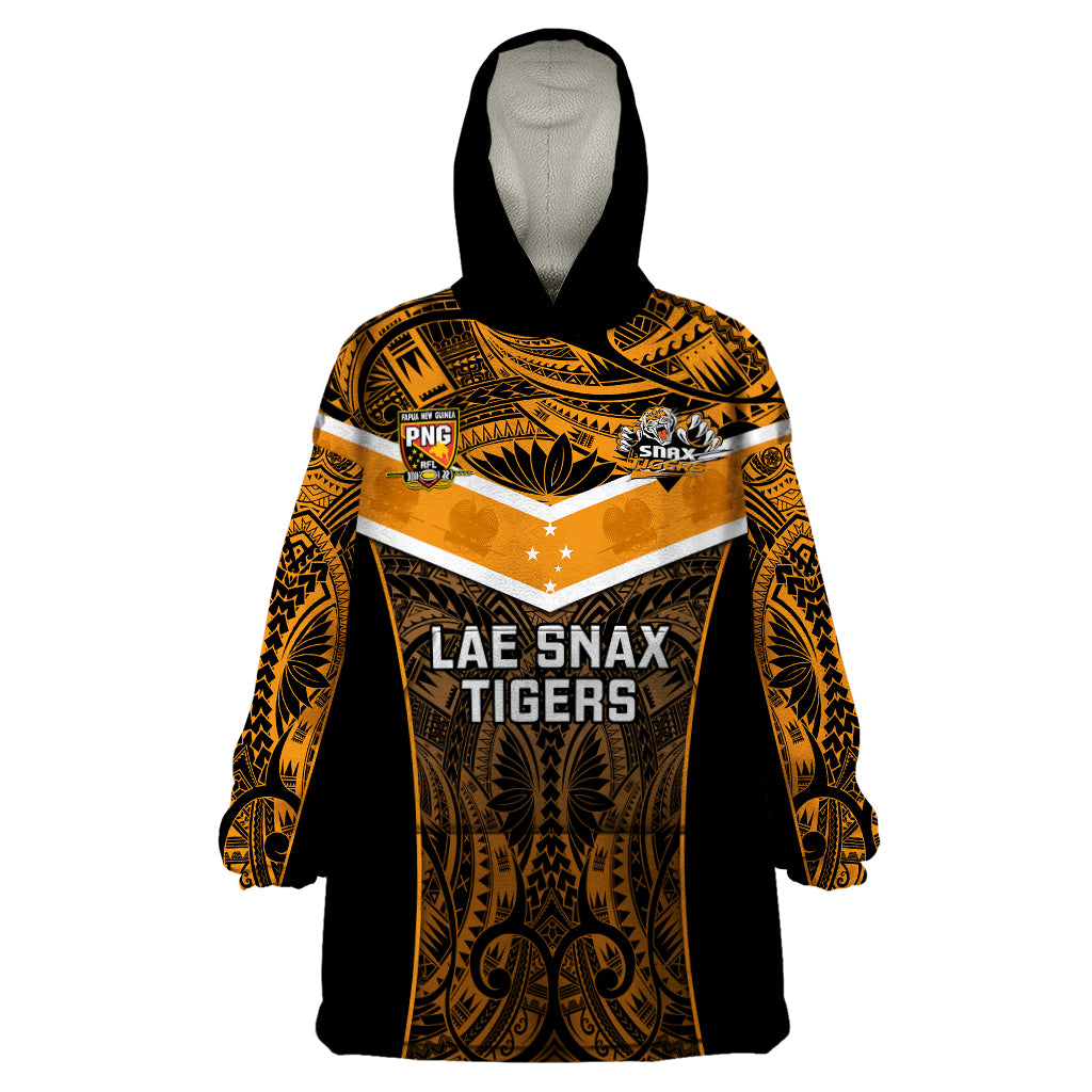 Custom Papua New Guinea Rugby Wearable Blanket Hoodie Lae Snax Tigers PNG Polynesian Pattern LT14 One Size Orange - Polynesian Pride