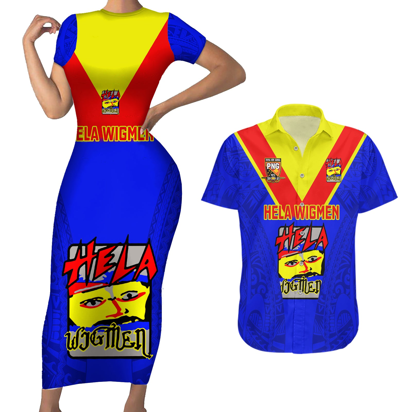 Papua New Guinea Rugby Couples Matching Short Sleeve Bodycon Dress and Hawaiian Shirt Hela Wigmen PNG Polynesian Pattern LT14 Blue - Polynesian Pride