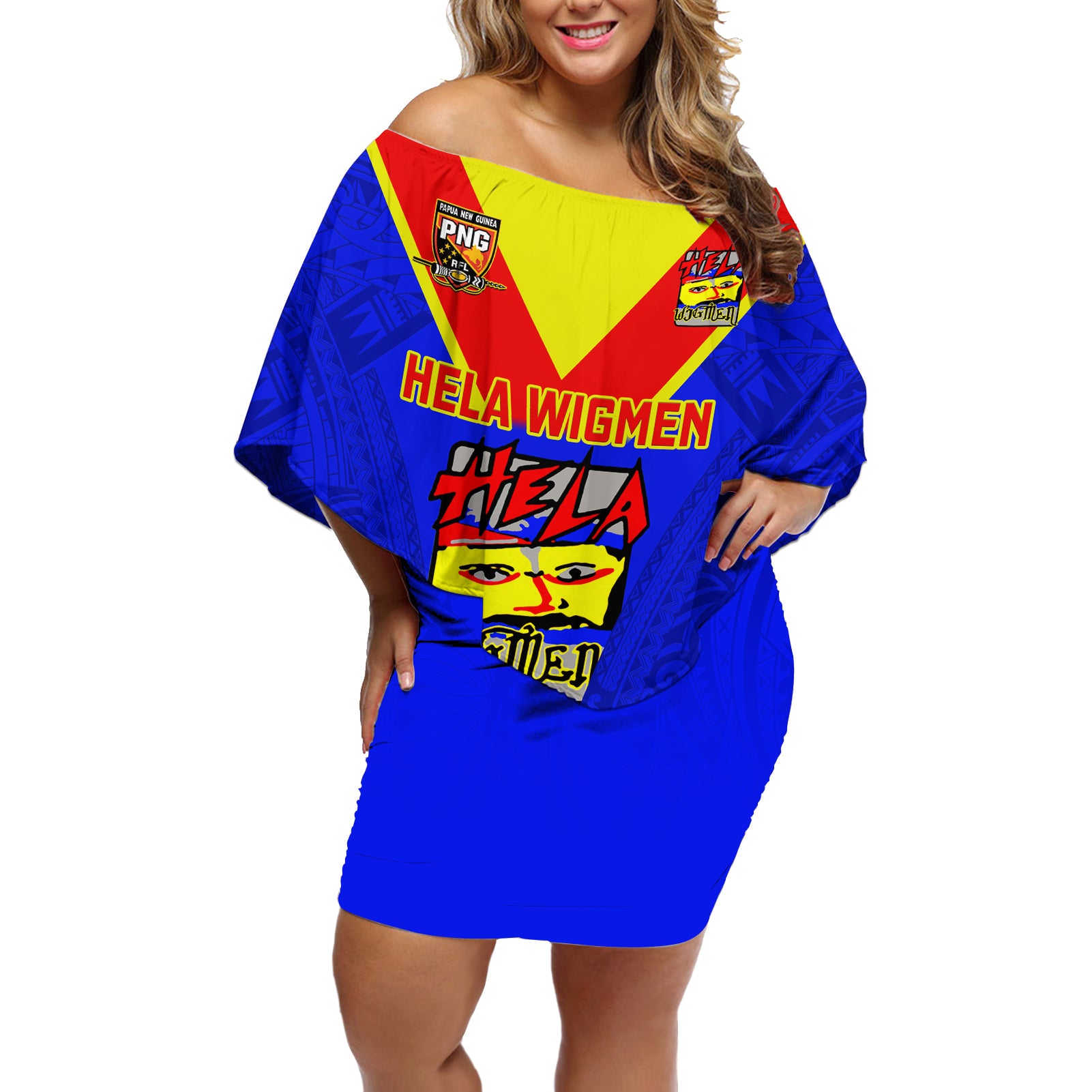 Custom Papua New Guinea Rugby Off Shoulder Short Dress Hela Wigmen PNG Polynesian Pattern LT14 Women Blue - Polynesian Pride