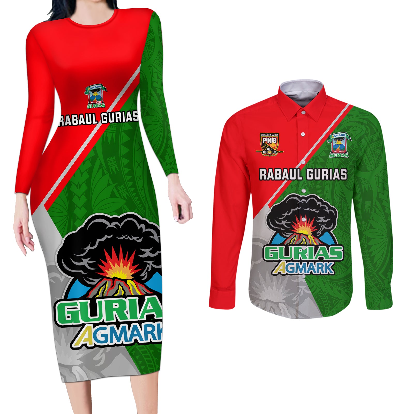 Papua New Guinea Rugby Couples Matching Long Sleeve Bodycon Dress and Long Sleeve Button Shirts Rabaul Gurias PNG Polynesian Pattern LT14 Green - Polynesian Pride