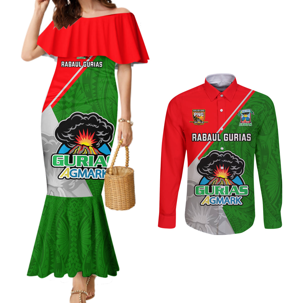 Papua New Guinea Rugby Couples Matching Mermaid Dress and Long Sleeve Button Shirts Rabaul Gurias PNG Polynesian Pattern LT14 Green - Polynesian Pride