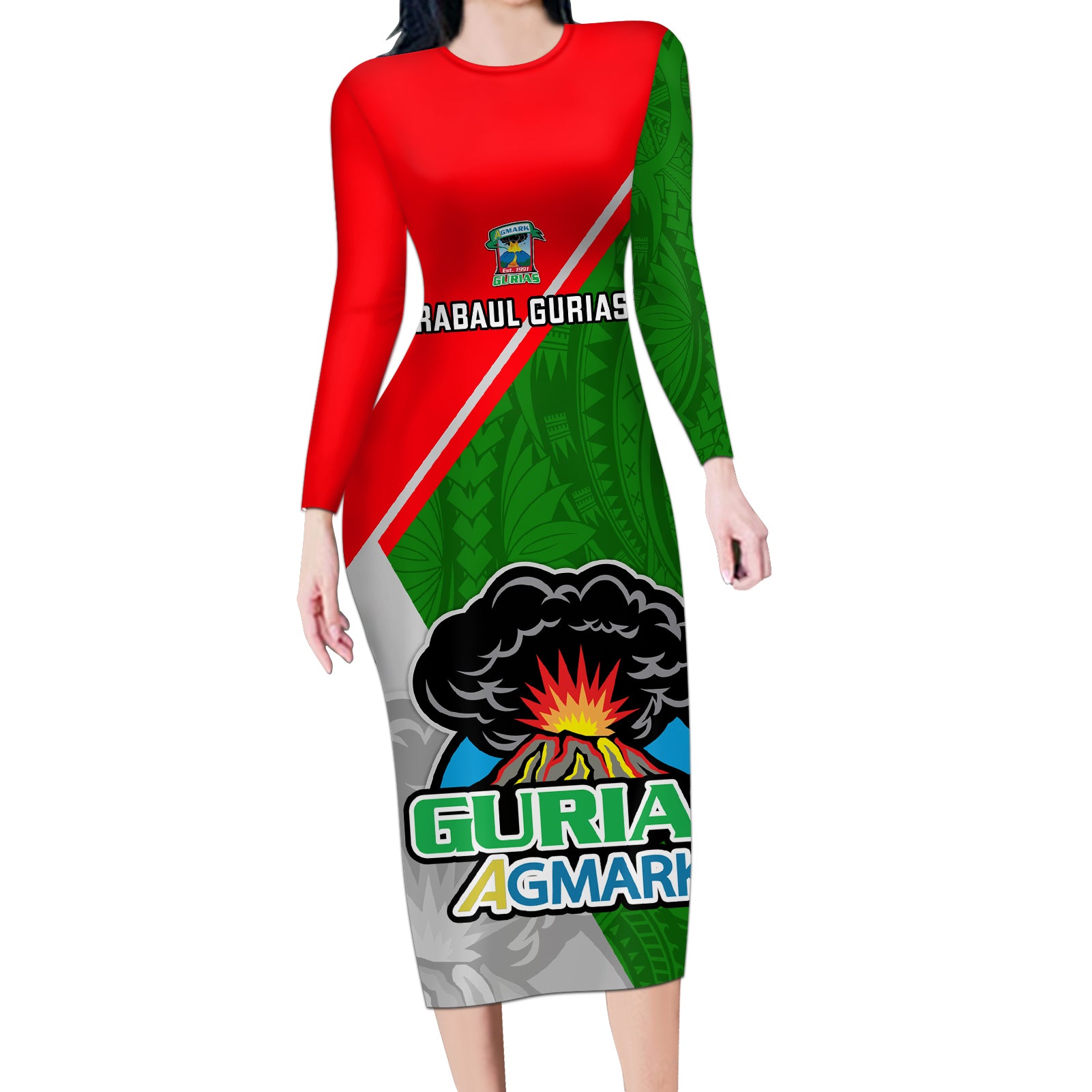 Papua New Guinea Rugby Long Sleeve Bodycon Dress Rabaul Gurias PNG Polynesian Pattern LT14 Long Dress Green - Polynesian Pride