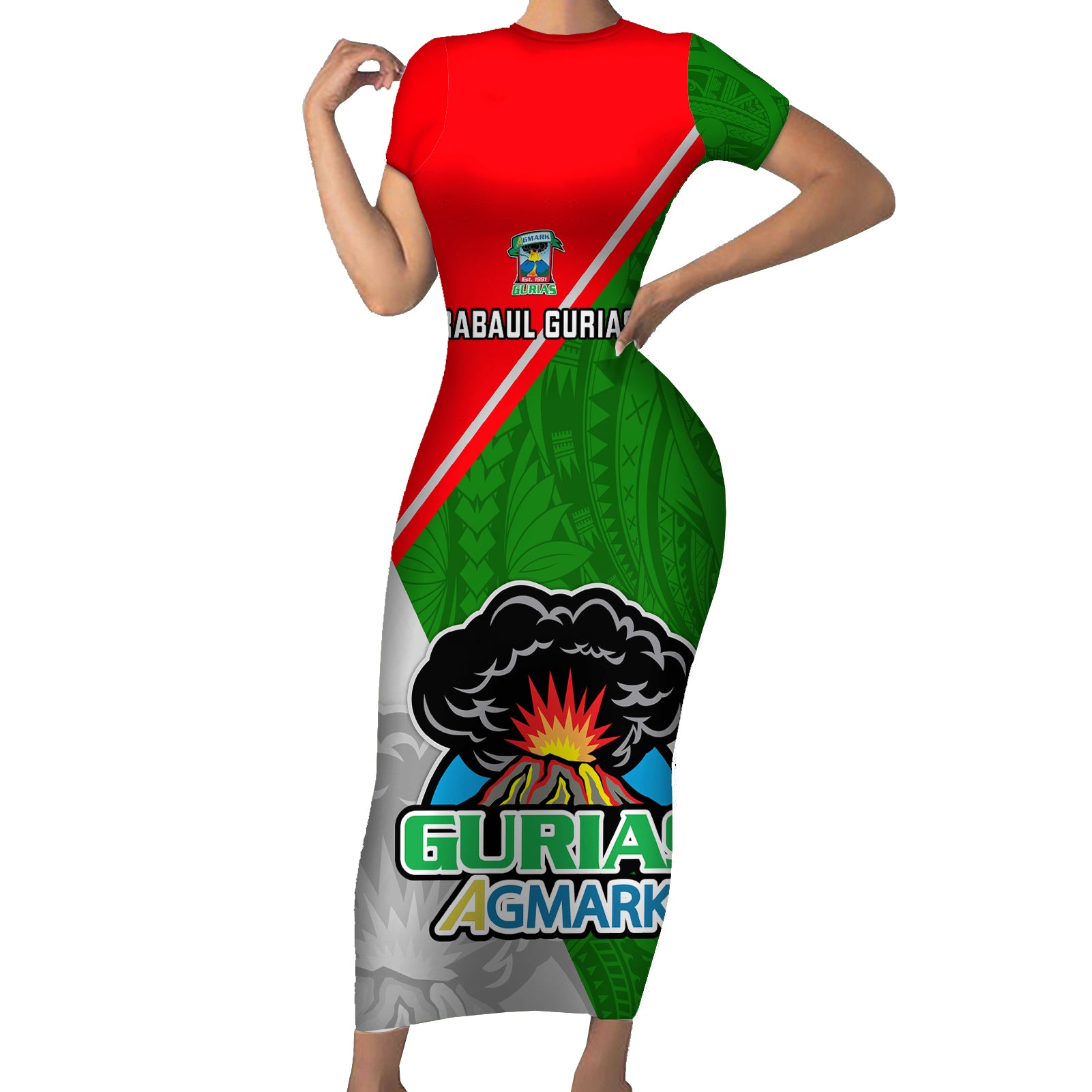 Custom Papua New Guinea Rugby Short Sleeve Bodycon Dress Rabaul Gurias PNG Polynesian Pattern LT14 Long Dress Green - Polynesian Pride